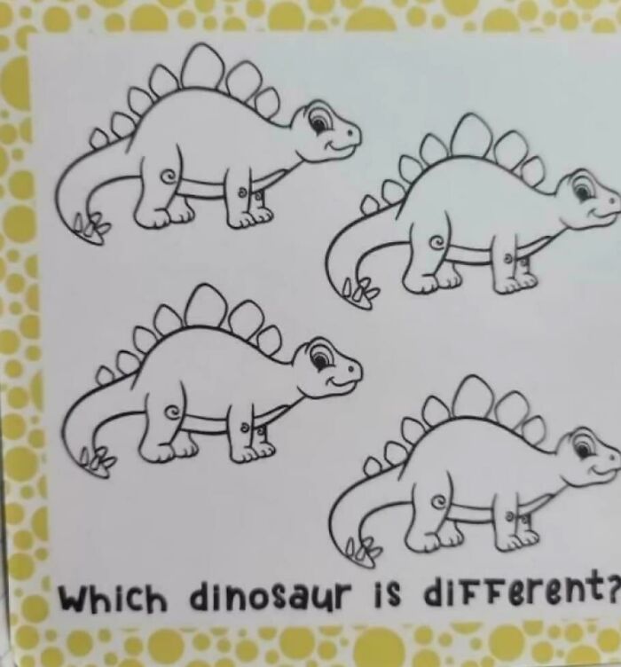 A kids' puzzle showing four cartoon dinosaurs asking 'Which dinosaur is different?' highlighting funny fails.