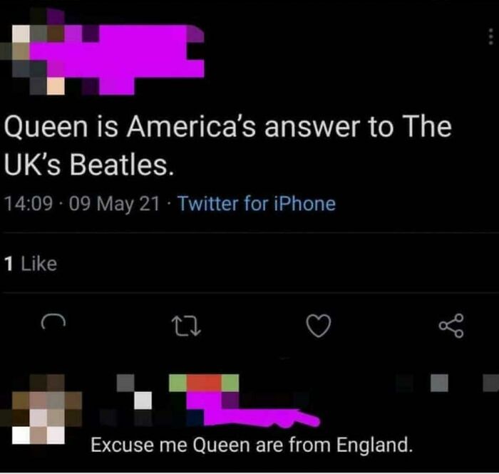 Twitter thread where a user calls Queen America's answer to The Beatles, showing Americans confidently posted mistakes.