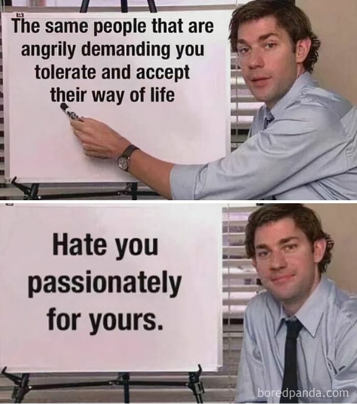 Man presenting a relatable meme about tolerance and hypocrisy in social behavior, highlighting meme humor.