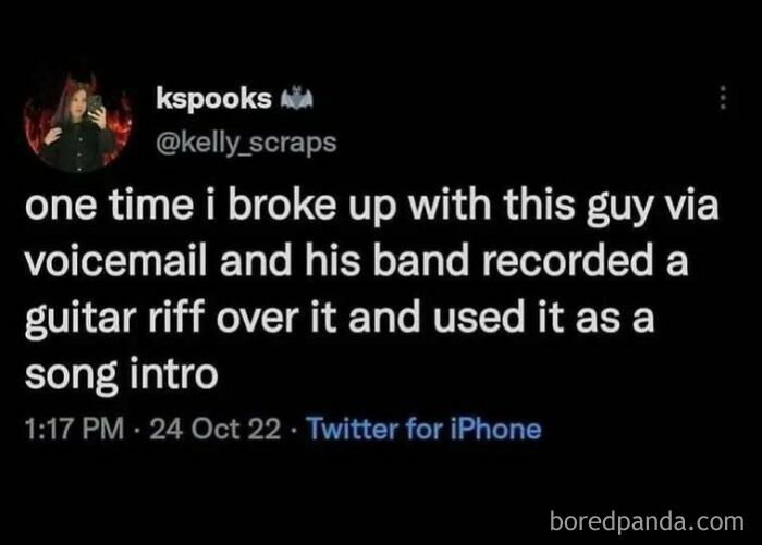 Relatable meme text about breaking up via voicemail and a band using it as a guitar riff song intro on Twitter.