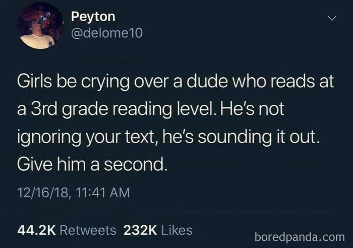 Relatable meme about texting struggles and reading levels, shared on social media with high engagement and humor.