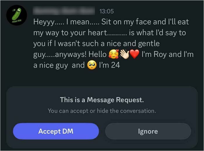 Screenshot of a direct message showing a man’s entitled message claiming to be a nice guy aged 24.