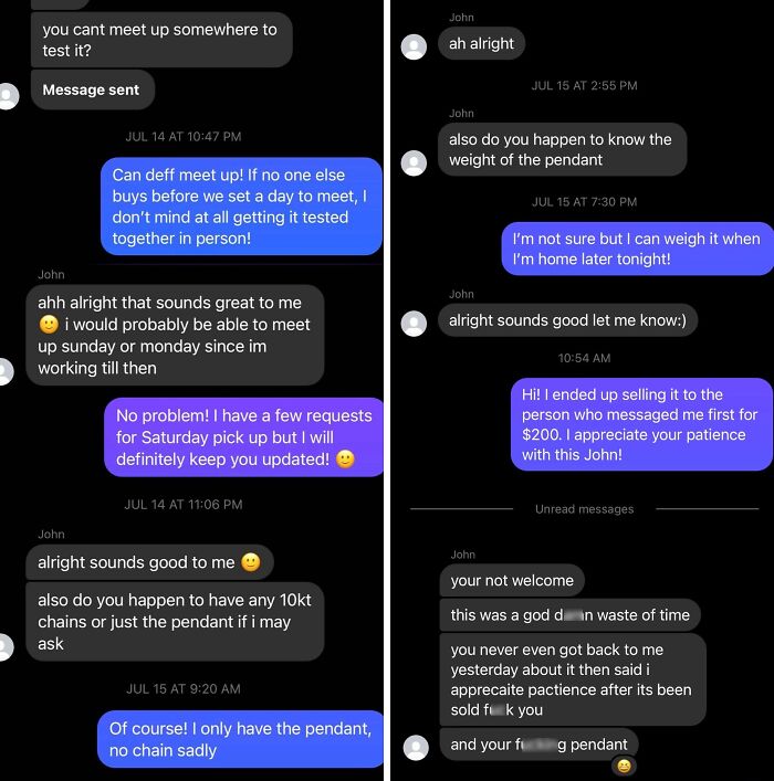 Text message exchange showing a buyer’s entitled and rude behavior during a jewelry sale negotiation.