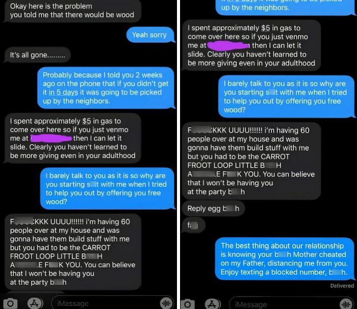 Text message conversation showing men’s entitlement and rude behavior over free wood offer and social conflicts.
