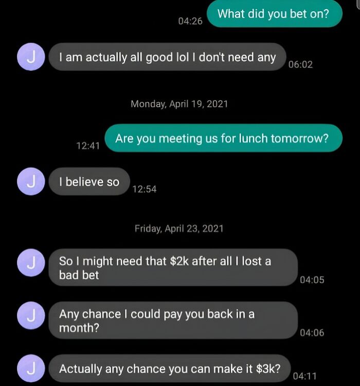 Text message conversation showing a man's entitlement demanding $3k after losing a bet, illustrating extreme men’s entitlement moments.