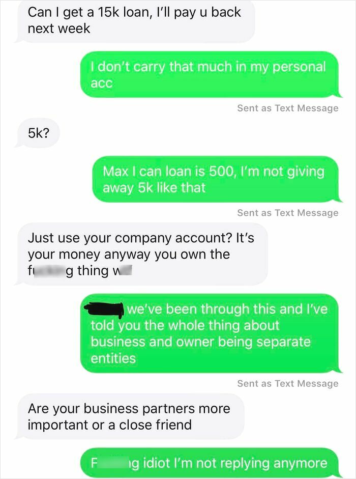 Text message exchange showing men’s entitlement in demanding loans and ignoring boundaries about business accounts.