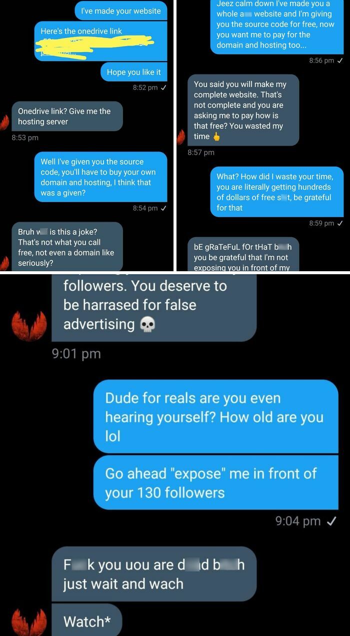 Text message exchange showing men’s entitlement escalating over website hosting and payment arguments.