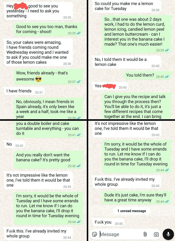 Text message exchange showing men’s entitlement with demands for a lemon cake despite the baker’s explanations.