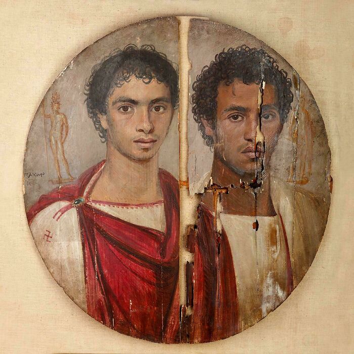 Ancient painted wooden panel of two men in red robes, an almost perfectly preserved antique item revealing historical secrets.