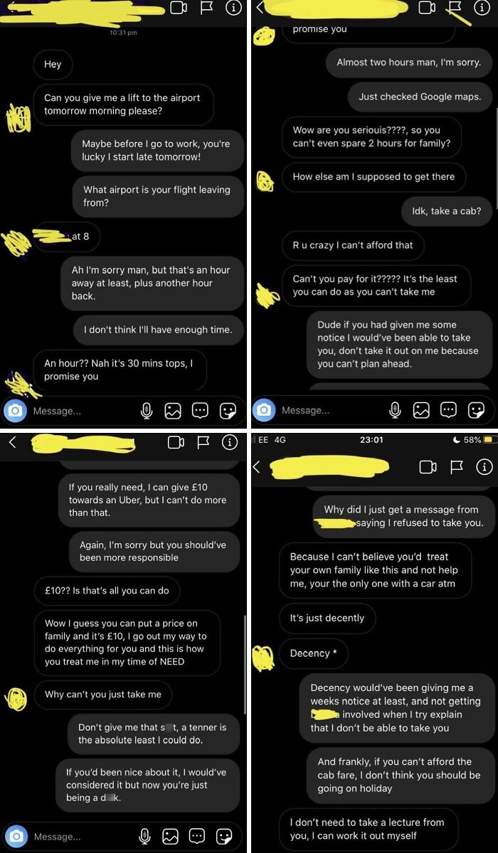 Chat messages showing men’s entitlement in unreasonable demands for rides and money from family members.