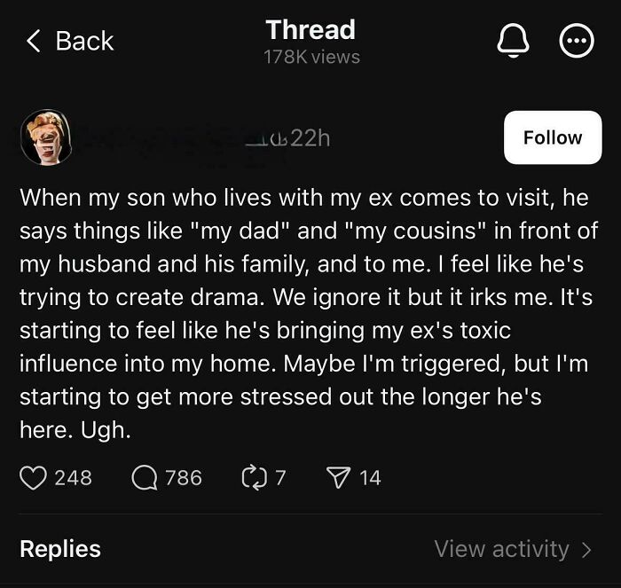 Screenshot of a social media thread discussing entitled family members causing stress and drama during visits.