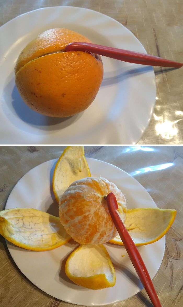 Orange being peeled with a red tool on a white plate, demonstrating an interesting tool that solves a peeling problem.