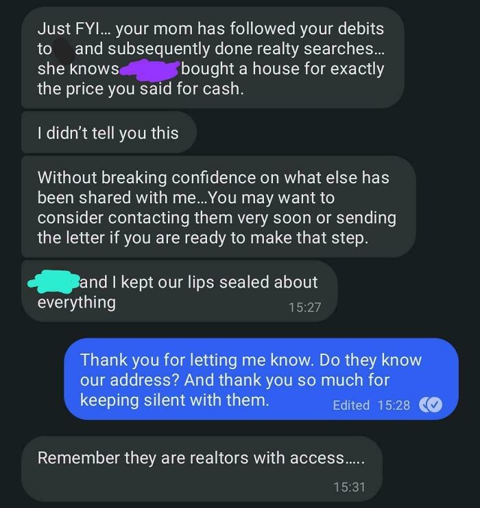 Text message conversation revealing entitled family members spying through realty searches, showing delusional family behavior.