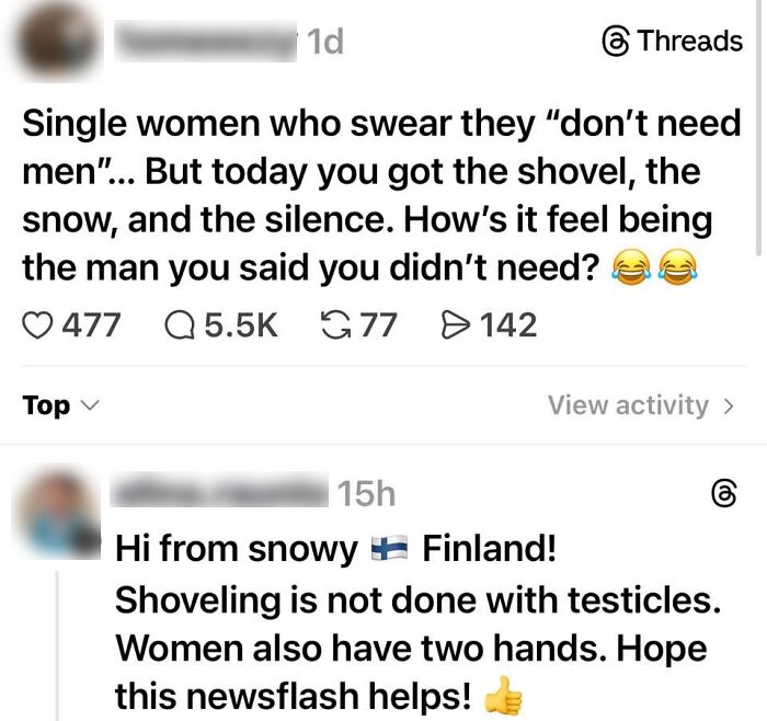 Screenshot of online conversation highlighting men’s entitlement with comments about women and shoveling snow.