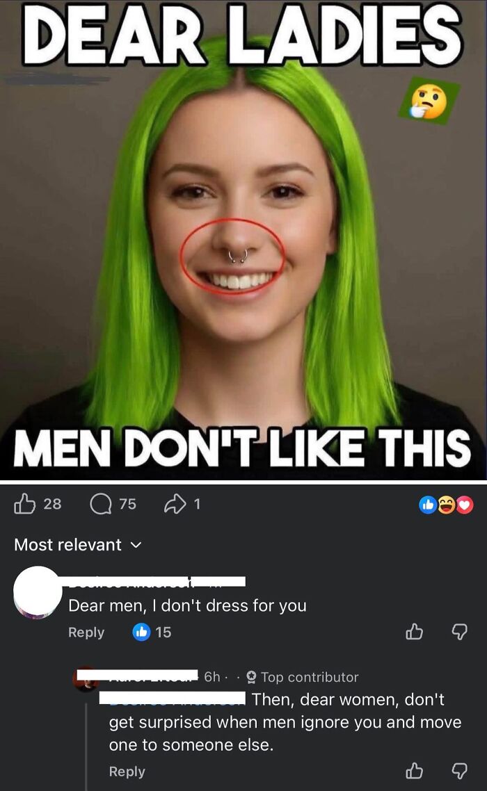 Young woman with green hair and septum piercing smiling with text about men's entitlement and what men don't like.