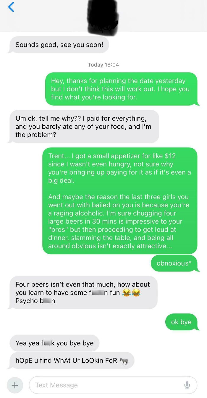 Text message exchange showing a man’s entitlement and rude behavior after a failed date conversation.