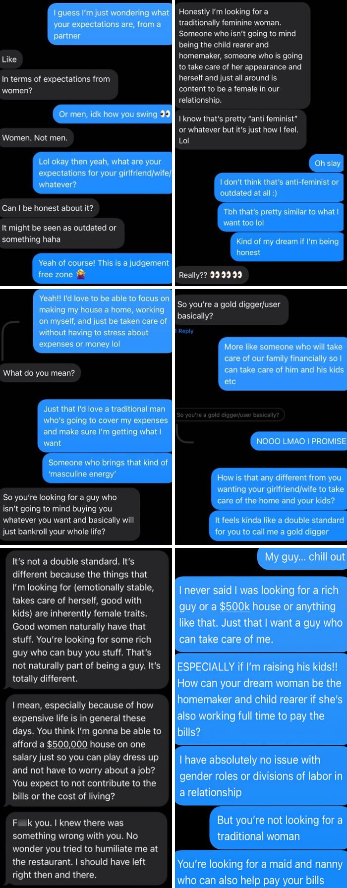 Text conversation showing a man expressing extreme entitlement about traditional gender roles and financial support expectations.