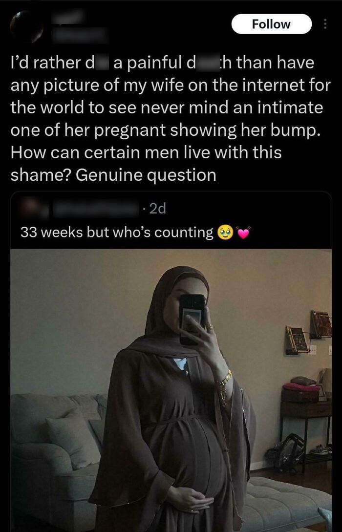 Social media post criticizing men's entitlement featuring a pregnant woman sharing a 33-week bump selfie.