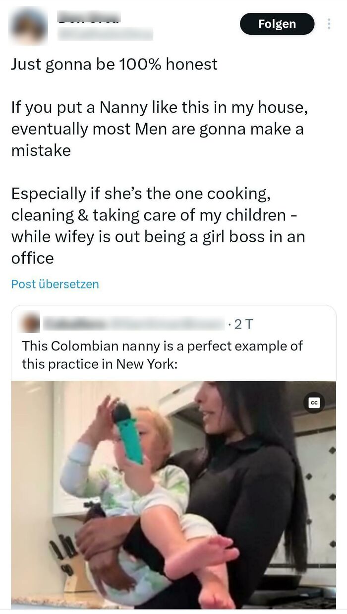 Tweet about men’s entitlement with image of a nanny holding a child in a kitchen, illustrating unseen entitlement levels.