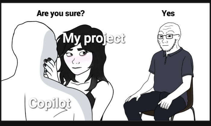 Programming meme showing a developer hesitating with a project while using Copilot, highlighting debugging as a universal struggle.