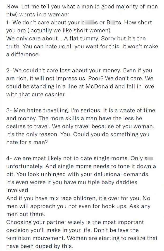 Text post discussing men's entitlement about women's appearance, money, travel preferences, and dating choices.