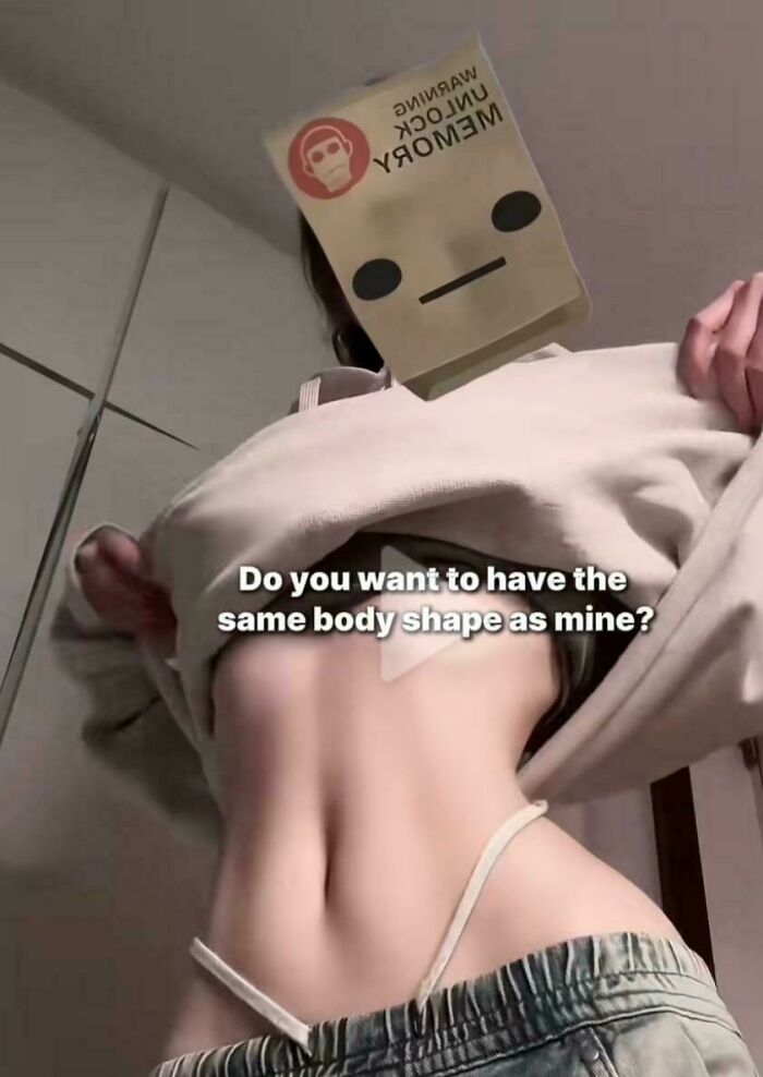 A person with a paper bag over their head on social media, showing an unnaturally tiny waist, not looking natural.