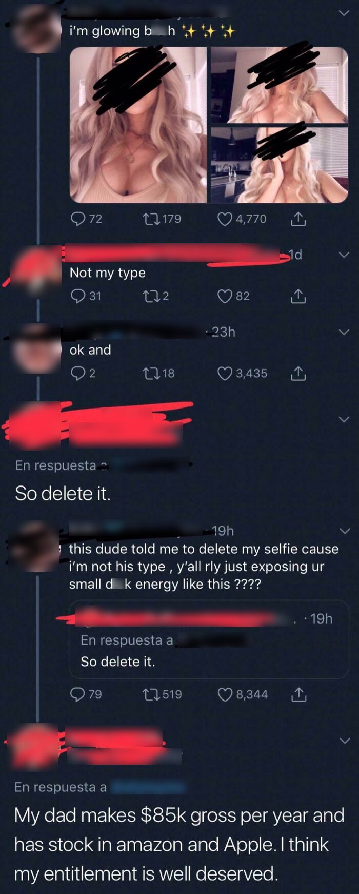 Screenshot of a social media argument highlighting men's entitlement and reactions to a woman’s selfie with blurred faces and names.