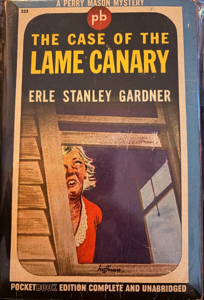 Vintage book cover of The Case of the Lame Canary by Erle Stanley Gardner with a creepy illustration of a woman at a window.