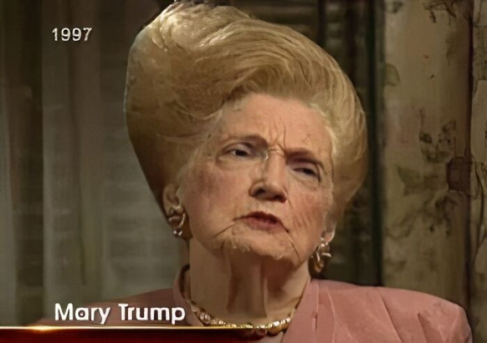 Elderly woman with an exaggerated, voluminous hairstyle illustrating tragic hair accidents and hair stylist fails.