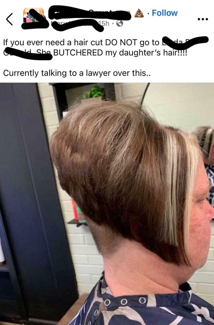 Woman with an uneven, badly cut hairstyle showing a tragic hair accident that questions trusting a hairstylist.