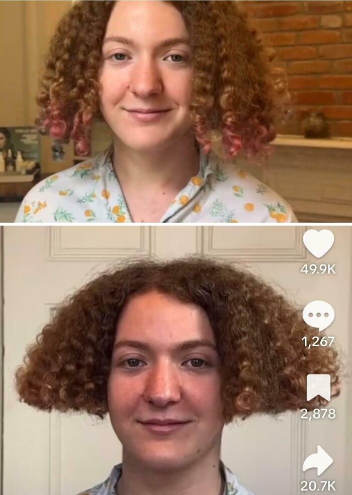 Woman showing tragic hair accident with uneven, damaged curly hair after hairstylist mistake in a before and after comparison.
