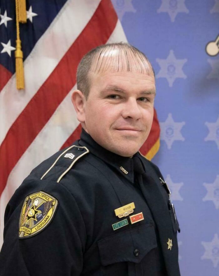 Police officer with a severely botched haircut showing tragic hair accidents that might make you rethink hairstylists.