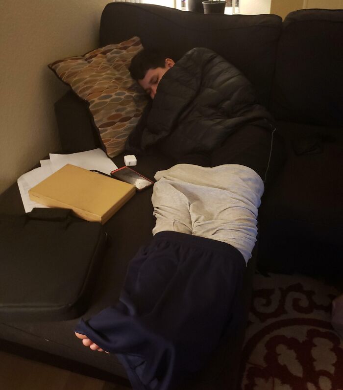 Person wrapped in blanket sleeping on couch surrounded by clutter, illustrating extreme laziness and taking a day off.