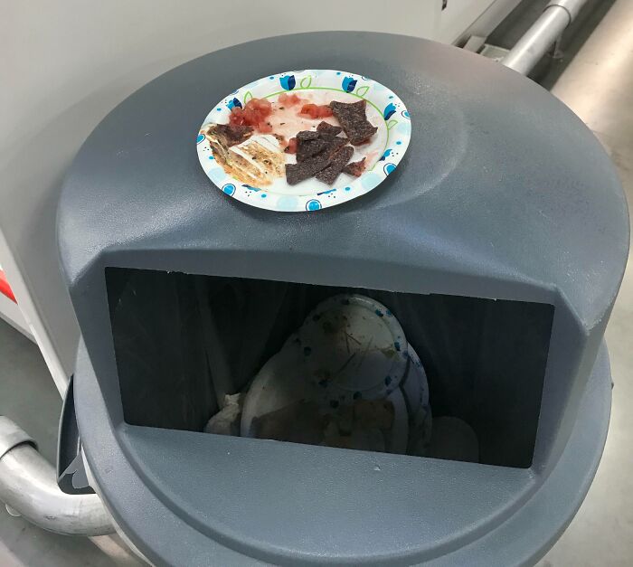 Paper plate with food left on top of a trash can, showcasing lazy behavior among people who might make you feel better.