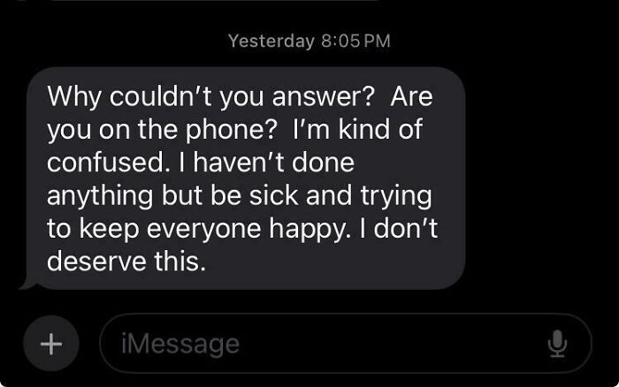 Text message showing entitled family member complaining about being sick and trying to keep everyone happy.