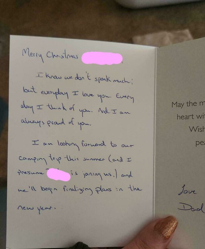 Handwritten Christmas card showing family communication and entitlement with personal messages inside for loved ones.