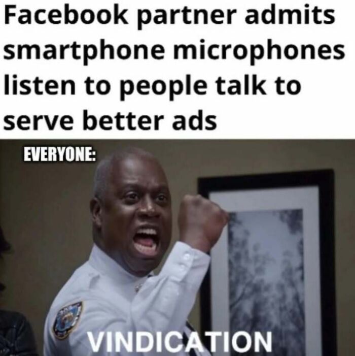 Man in police uniform raising fist with caption about smartphone microphones and relatable memes humor.