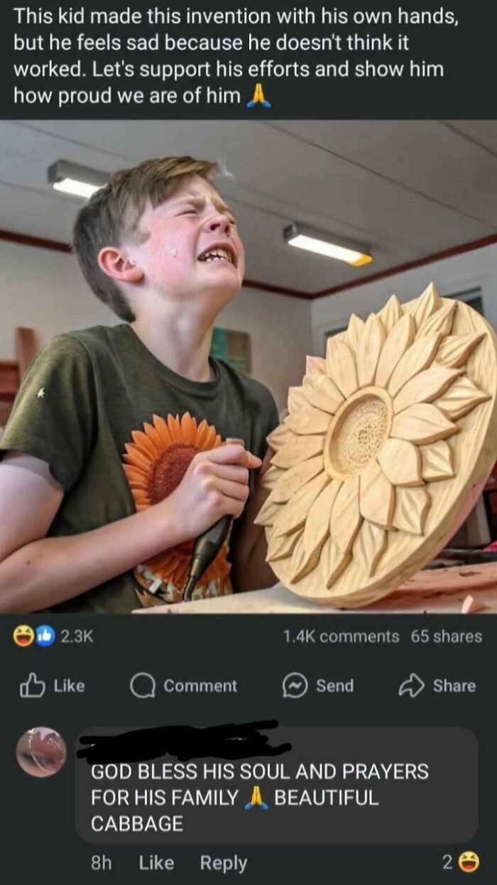 Boy crying while carving a wooden sunflower, illustrating struggles with technology and failed attempts by boomers.
