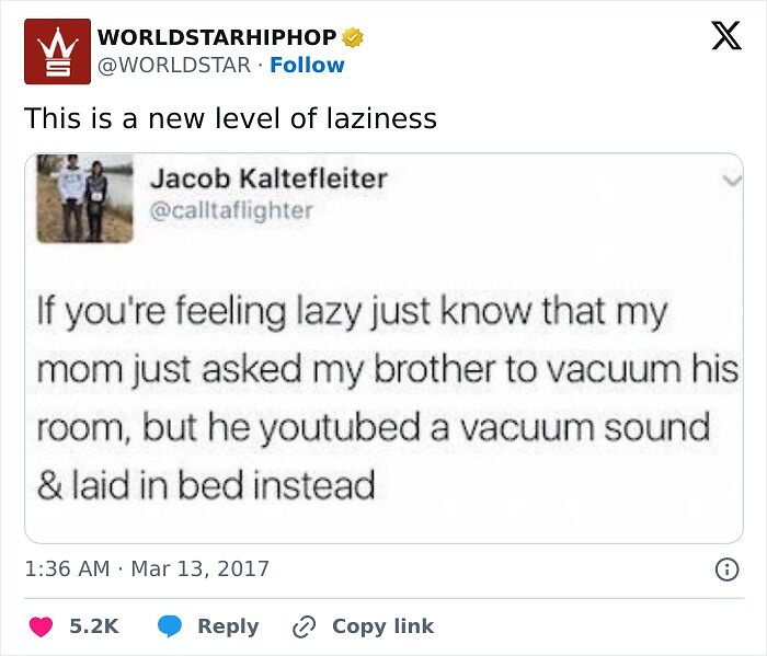 Tweet showing a new level of laziness where a brother played vacuum sounds on YouTube instead of cleaning his room.
