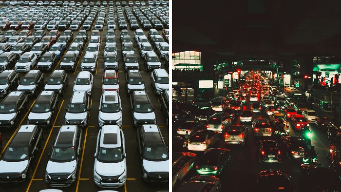Rows of parked cars in daylight next to nighttime traffic jam, illustrating time and energy challenges in daily life.