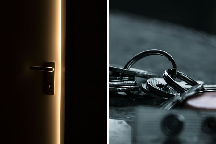 Dimly lit door slightly open with light shining through, paired with close-up of keys on a dark surface representing time and energy choices.