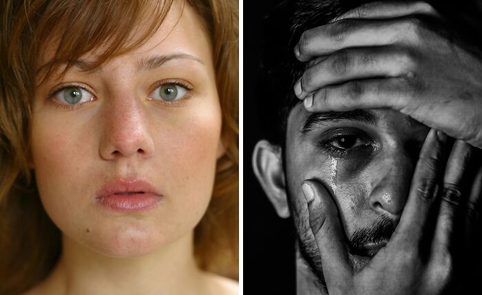 Close-up of a woman looking thoughtful and a man crying, depicting difficult scenarios of time but no energy or energy but no time.