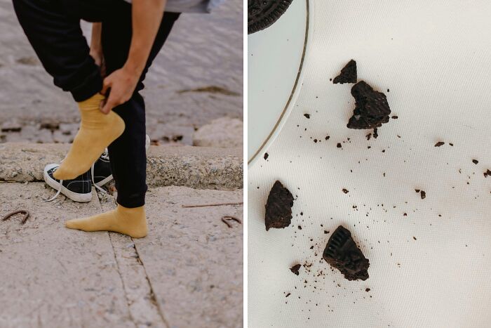 Person putting on socks by a rocky shore and broken cookie pieces scattered on a white surface, illustrating difficult scenarios.