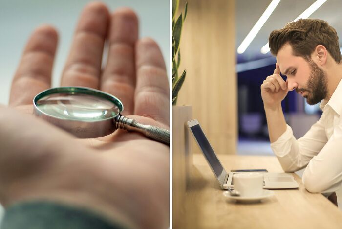 Close-up of a hand holding a magnifying glass and a man deep in thought working on a laptop, highlighting energy and time challenges.