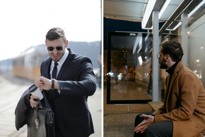 Man in suit checking watch at train station and man sitting at bus stop at night, showing time and energy dilemmas.