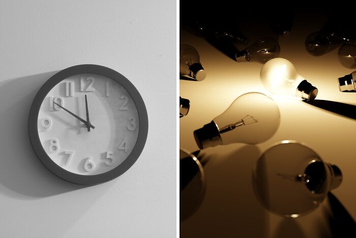 Clock showing time near 11 o'clock on left and illuminated light bulbs with others unlit on right, representing time and energy.