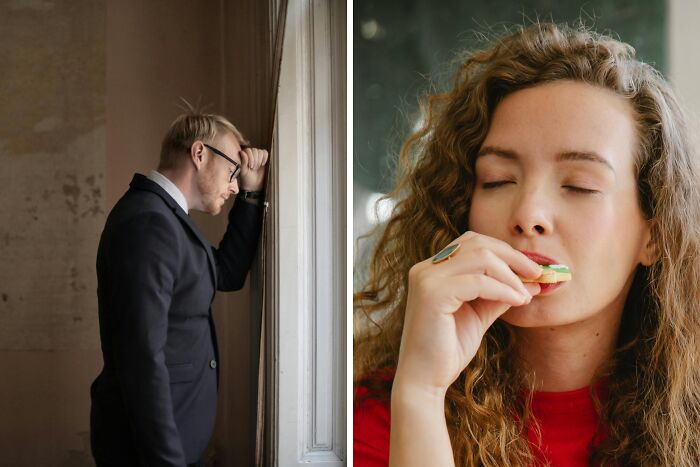 Man in suit looking tired by window and woman with curly hair eating, illustrating energy and time dilemma concept.