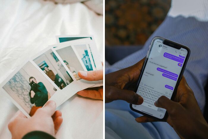 Person holding printed photos and another person texting on smartphone, illustrating time but no energy scenarios.