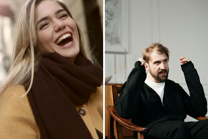 Smiling woman outdoors wearing a scarf contrasted with a man indoors expressing frustration, illustrating time and energy dilemma.