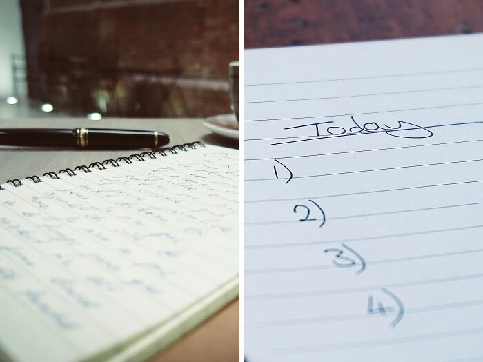 Open notebooks with handwritten notes and a pen, symbolizing time management and energy balancing concepts.